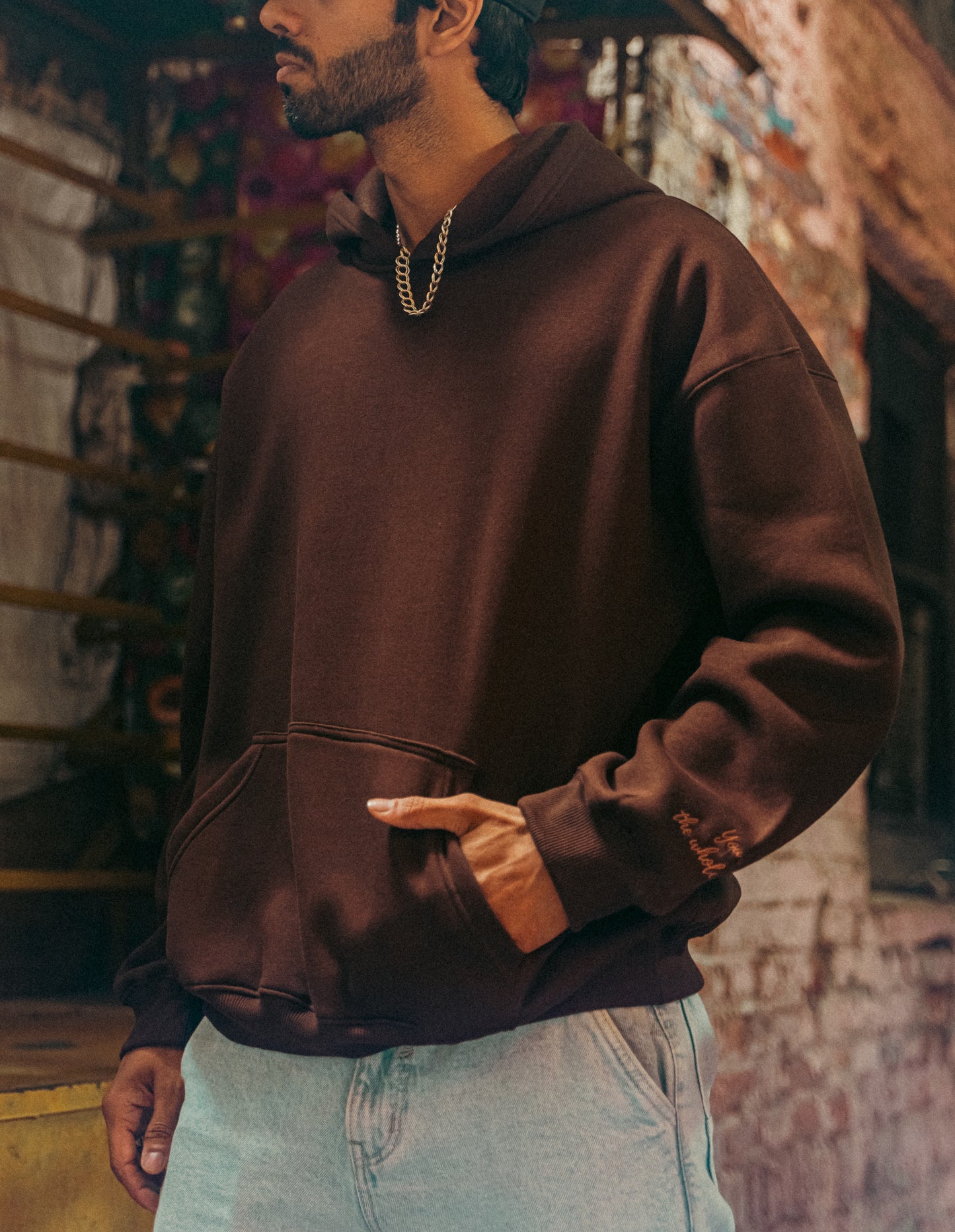 Unisex brown oversized hoodie by IKIMI with premium cotton fleece and cute embroidery– cozy streetwear for men and women