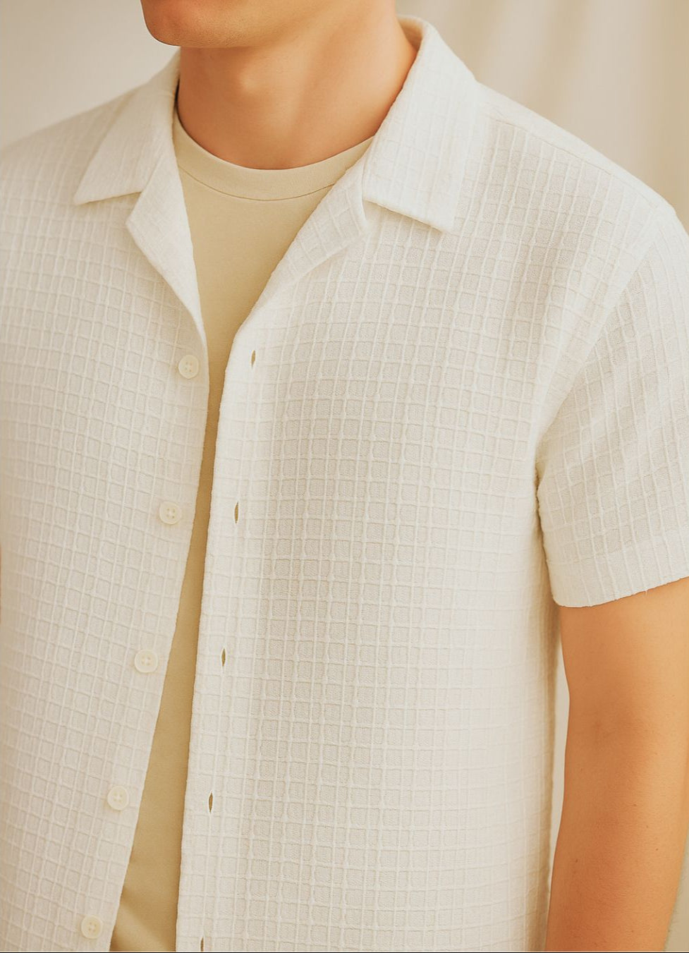 white Cuban collar shirt for men

textured cotton shirt men India

summer shirts for men 100% cotton

breathable cotton shirt for Indian summer

IKIMI cotton shirt online