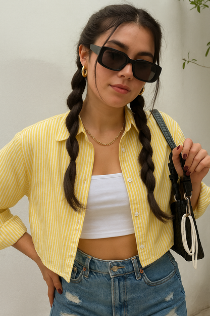 breathable yellow crop shirt for spring, relaxed fit long sleeve crop top, casual wear, crop shirt, striped shirt, yellow shirt, women's fashion